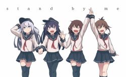 Rule 34 | 10s, 4girls, ^ ^, akatsuki (kancolle), anchor symbol, arm up, bad id, bad twitter id, black socks, blouse, blue eyes, blue skirt, blush, brown hair, closed eyes, closed mouth, cowboy shot, english text, fang, flat cap, folded ponytail, hair between eyes, hair ornament, hairclip, hand on headwear, hand up, hat, hibiki (kancolle), highres, holding hands, ikazuchi (kancolle), inazuma (kancolle), interlocked fingers, kantai collection, kneehighs, long hair, long sleeves, looking at viewer, multiple girls, neckerchief, open mouth, pantyhose, pleated skirt, purple eyes, purple hair, red neckerchief, school uniform, serafuku, shirt, simple background, skirt, smile, socks, standing, tabiaki (cosy catastrophe), tabisora, thighhighs, white background, white hair