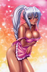 Rule 34 | 10s, 1girl, :d, absurdres, alternate costume, apron, apron lift, bare shoulders, blush, braid, breast hold, breasts, clothes lift, collarbone, cowboy shot, dark-skinned female, dark elf, dark skin, elf, frilled apron, frills, from side, gradient background, grey hair, heart, heart background, high ponytail, highres, kyonyuu fantasy, kyonyuu fantasy 2, large breasts, leaning forward, light particles, long hair, long pointy ears, looking at viewer, naked apron, official art, open mouth, pink apron, pointy ears, polka dot, ponytail, q-gaku, red eyes, scan, scrunchie, shiny skin, sidelocks, single braid, smile, solo, standing, strap slip, sweat, very long hair, zebia (kyonyuu fantasy)