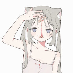 Rule 34 | 1girl, animal ears, bandaid, bandaid on face, bandaid on forehead, blood, blue eyes, cat ears, cat girl, female focus, flat chest, forehead, grey hair, half-closed eyes, highres, injury, lbf5n, licking blood, original, simple background, solo, tongue, tongue out, twintails, white background