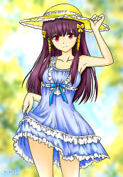 Rule 34 | 00s, 1girl, armpits, bare shoulders, blue dress, blurry, bow, breasts, clothes lift, cloud, cowboy shot, day, depth of field, dress, dress lift, hair ribbon, hand up, hat, hat tip, light smile, long hair, lowres, murasame oshizu, outdoors, purple hair, recolored, red eyes, ribbon, sidelocks, skirt hold, sky, small breasts, smile, solo, standing, sun hat, sundress, to love-ru, tree, tress ribbon