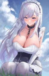 Rule 34 | 1girl, apron, azur lane, belfast (azur lane), black collar, blue sky, braid, breasts, chain, closed mouth, cloud, collar, day, elbow gloves, frills, futon fly away, gloves, hand up, highres, kneeling, large breasts, long hair, maid apron, maid headdress, outdoors, pantyhose, purple eyes, seiza, sitting, sky, smile, solo, very long hair, white gloves, white hair, white pantyhose