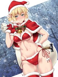 Rule 34 | 1girl, alternate costume, artist name, bag, bell, blonde hair, blush, breasts, breath, capelet, christmas, cleavage, closed mouth, collarbone, cowbell, fur-trimmed gloves, fur-trimmed headwear, fur-trimmed legwear, fur trim, gloves, green eyes, hammer, hand on own hip, hat, highres, in tree, medium breasts, mizuhashi parsee, navel, ootsuki wataru, over shoulder, pointy ears, red capelet, red gloves, red hat, santa hat, shiny skin, short hair, sitting, sitting in tree, snowflakes, snowing, solo, standing, stomach, sweatdrop, thighhighs, thighs, touhou, tree