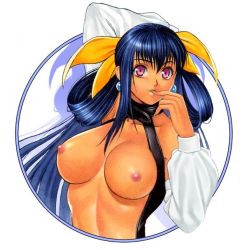 Rule 34 | 1girl, arc system works, arms up, blue hair, breasts, cleavage, collar, dizzy (guilty gear), earrings, guilty gear, guilty gear x, guilty gear xx, homare (fool&#039;s art), jewelry, large breasts, nipples, pink eyes, solo, tan