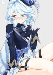 Rule 34 | 1girl, ahoge, ascot, black ascot, blue eyes, blue hair, blush, closed mouth, corrupted twitter file, furina (genshin impact), genshin impact, gloves, grey background, hair between eyes, hat, highres, jacket, light blue hair, long hair, long sleeves, looking to the side, shorts, simple background, sitting, solo, syhan, thigh strap, very long hair, white gloves