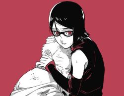 Rule 34 | 1boy, 1girl, arm warmers, artist request, child, cloak, glasses, looking at viewer, monochrome, naruto, naruto (series), naruto gaiden, red background, red eyes, sharingan, short hair, simple background, spot color, sweat, tears, uchiha sarada, unconscious, uzumaki naruto, whiskers