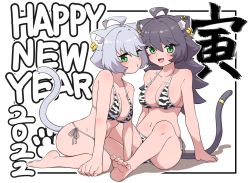 Rule 34 | 2022, 2girls, :d, absurdres, ahoge, animal ear fluff, animal ears, bad id, bad pixiv id, bare legs, bare shoulders, barefoot, bikini, black hair, blush, border, breasts, cat ears, cat girl, cat tail, chinese zodiac, collarbone, commentary request, ear piercing, fang, feet, green eyes, grey hair, happy new year, highres, large breasts, long hair, mole, mole under eye, mole under mouth, multiple girls, navel, new year, ngetyan, open mouth, original, outline, piercing, print bikini, renge (ngetyan), ringe (ngetyan), short hair, side-tie bikini bottom, simple background, sitting, smile, soles, string bikini, swimsuit, tail, tail ornament, tail ring, toes, translated, white background, white outline, white tiger print, year of the tiger