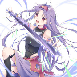 Rule 34 | 1girl, ahoge, armor, blush, breastplate, covered navel, detached sleeves, fingerless gloves, gloves, hairband, highres, holding, holding sword, holding weapon, long hair, looking at viewer, momon mc, open mouth, parted bangs, pointy ears, purple hair, red eyes, red hairband, solo, sword, sword art online, teeth, twitter username, upper teeth only, weapon, white background, yuuki (sao)