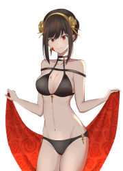Rule 34 | 1girl, adapted costume, bikini, black bikini, black hair, blood, blood on face, breasts, closed mouth, earrings, floral print, flower, gold hairband, hair flower, hair ornament, hairband, highres, holding sarong, jewelry, large breasts, looking at viewer, navel, red eyes, rose, rose print, sakki11, short hair with long locks, sidelocks, simple background, single earring, smile, solo, spikes, spy x family, stomach, swimsuit, white background, yor briar
