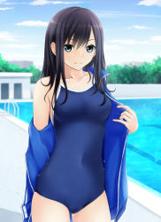 Rule 34 | 1girl, black hair, blue eyes, blue jacket, blue one-piece swimsuit, blurry, breasts, competition school swimsuit, cowboy shot, depth of field, jacket, long hair, looking at viewer, medium breasts, nonaka ritsu, one-piece swimsuit, open clothes, open jacket, original, pool, school swimsuit, solo, standing, swimsuit