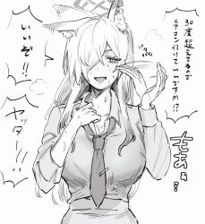 Rule 34 | 1girl, animal ear fluff, animal ears, blue archive, blush, breasts, collared shirt, commentary request, fanning self, greyscale, hair between eyes, hair over one eye, halo, highres, kanna (blue archive), large breasts, long hair, long sleeves, looking at viewer, monochrome, necktie, notched ear, open mouth, shirt, simple background, solo, sweat, translation request, tsuno (tnngur), upper body