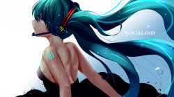 Rule 34 | 1girl, aqua hair, bad id, bad pixiv id, black dress, blue background, blue eyes, breasts, bubble, copyright name, dress, from behind, from side, gradient background, hatsune miku, headphones, headset, long hair, looking back, looking to the side, paperfinger, profile, shoulder blades, sideboob, sketch, solo, strapless, strapless dress, tattoo, twintails, vocaloid, white background