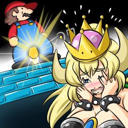 Rule 34 | 1boy, 1girl, black dress, blonde hair, blue eyes, blush, bowsette, bracelet, breasts, brooch, cleavage, coin, collar, commentary, covering face, dress, embarrassed, frown, gameplay mechanics, hands on own face, horns, jewelry, kogane (staygold), large breasts, light rays, long hair, lowres, mario, mario (series), new super mario bros. u deluxe, nintendo, one eye closed, open mouth, sharp teeth, spiked bracelet, spiked collar, spikes, strapless, strapless dress, super crown, super mario bros. 1, teeth