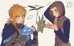 ... 2boys ? black_cape blonde_hair blue_eyes blue_shirt brown_hair cape champion&#039;s_tunic_(zelda) dragon_quest dragon_quest_xi ear_piercing fingerless_gloves genre_connection gloves grey_background hand_on_own_head highres korok korok_seed link male_focus mouyi multiple_boys nintendo piercing pointy_ears shirt signature simple_background slime_(dragon_quest) speech_bubble spoken_ellipsis spoken_question_mark the_legend_of_zelda the_legend_of_zelda:_tears_of_the_kingdom