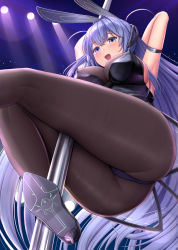 Rule 34 | 1girl, absurdres, animal ears, armpits, arms up, ass, azur lane, bare shoulders, black leotard, blue eyes, blue hair, blush, breasts, brown pantyhose, cleavage, fake animal ears, high heels, highres, large breasts, leotard, long hair, looking at viewer, melopun, new jersey (azur lane), new jersey (exhilarating steps!) (azur lane), official alternate costume, open mouth, pantyhose, playboy bunny, pole, pole dancing, rabbit ears, see-through, see-through cleavage, smile, solo, stripper pole, thighs