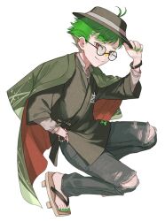Rule 34 | 1boy, ahoge, black-framed eyewear, black hat, bracelet, cherico, closed mouth, coat, commentary, daimonji ryugon, denim, detached ahoge, full body, geta, glasses, green coat, green hair, green nails, grey shirt, hand on headwear, hat, japanese clothes, jeans, jewelry, looking at viewer, midair, nail polish, pants, red eyes, shirt, smile, solo, star (symbol), symbol-only commentary, toenail polish, toenails, torn clothes, torn jeans, torn pants, transparent background, virtual youtuber, voms, white hair, wristband