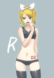 Rule 34 | 1girl, black thighhighs, blonde hair, blue eyes, bra, chan co, colored eyelashes, cowboy shot, eyelashes, finger in own mouth, flat chest, frown, hair ribbon, kagamine rin, lingerie, lowleg, lowleg panties, navel, open mouth, panties, ribbon, short hair, skindentation, solo, thighhighs, underwear, underwear only, vocaloid