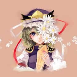 Rule 34 | 1girl, bad id, bad pixiv id, blue eyes, covering one eye, daisy, flower, green hair, hat, hat ribbon, long sleeves, mochacot, puffy sleeves, ribbon, rod of remorse, shiki eiki, shirt, short hair, simple background, smile, solo, touhou, upper body, vest, wide sleeves