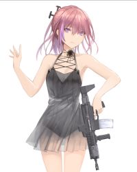 Rule 34 | 1girl, ar-15, armpits, assault rifle, blue eyes, blue hair, closed mouth, cowboy shot, female focus, girls&#039; frontline, gun, hair between eyes, hair ornament, halterneck, hand up, highres, holding, holding gun, holding weapon, long hair, looking at viewer, multicolored hair, npt shizuka, one-piece swimsuit, one side up, parted lips, pink hair, ponytail, rifle, see-through, sidelocks, simple background, solo, st ar-15 (girls&#039; frontline), streaked hair, swimsuit, trigger discipline, weapon, white background