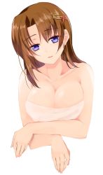 Rule 34 | 1girl, bare shoulders, blush, breasts, brown hair, cleavage, collarbone, commentary request, hair ornament, hairclip, head tilt, highres, large breasts, looking at viewer, lyrical nanoha, mahou senki lyrical nanoha force, medium hair, naked towel, purple eyes, solo, toax2017, towel, upper body, white background, x hair ornament, yagami hayate