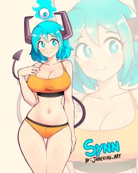 Rule 34 | 1girl, absurdres, arm at side, artist name, bare shoulders, bikini, blue eyes, blue hair, bob cut, borrowed character, breasts, bright pupils, character name, cleavage, closed eyes, collarbone, contrapposto, cowboy shot, curvy, demon tail, disembodied eye, eyeball, female focus, hand up, highres, horns, jarckius, large breasts, looking at viewer, matching hair/eyes, medium hair, navel, orange bikini, original, smile, straight-on, superimposition, swimsuit, tail, tareme, thigh gap