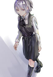 Rule 34 | absurdres, black socks, chainsaw man, commentary request, dress, earrings, fami (chainsaw man), highres, jewelry, loafers, looking at viewer, medium hair, pinafore dress, purple hair, red eyes, shoes, sleeveless, sleeveless dress, socks, tassel, tassel earrings, user tfcp4878, walking, white background