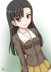 Rule 34 | 1girl, asymmetrical bangs, breasts, brown eyes, brown hair, brown jacket, chi-hatan military uniform, cleavage, commentary, dutch angle, flipper, girls und panzer, gradient background, green background, jacket, long hair, long sleeves, looking at viewer, medium breasts, military, military uniform, miniskirt, nishi kinuyo, one-hour drawing challenge, pleated skirt, shirt, skirt, solo, standing, uniform, white shirt, yellow skirt