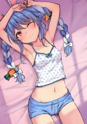 1girl ;3 animal_ears armpits arms_up bare_arms bare_shoulders blue_hair blue_shorts braid breasts camisole carrot_hair_ornament closed_mouth crop_top drawstring food-themed_hair_ornament hair_ornament hololive long_hair looking_at_viewer lying midriff navel on_back one_eye_closed polka_dot rabbit_ears rabbit_girl red_eyes ryuudog shirt short_shorts shorts sleeveless sleeveless_shirt small_breasts smile solo spaghetti_strap stomach twin_braids twintails usada_pekora virtual_youtuber white_shirt