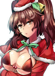 Rule 34 | 1girl, alternate costume, bell, bikini, blush, breast hold, breasts, brown eyes, brown hair, capelet, christmas, cleavage, closed mouth, commentary request, hair between eyes, hair ornament, hat, highres, himekaidou hatate, large breasts, leaf hair ornament, long hair, long sleeves, looking at viewer, pointy ears, red bikini, santa costume, santa hat, solo, swimsuit, touhou, twintails, upper body, y2