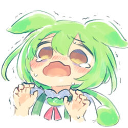 Rule 34 | 1girl, animal ears, ascot, ayakashi (monkeypanch), blush, chibi, collared shirt, crying, crying with eyes open, ears down, green suspenders, hair between eyes, hands up, highres, long hair, looking at viewer, low ponytail, open mouth, red ascot, shirt, sidelocks, simple background, solo, suspenders, sweatdrop, tears, trembling, upper body, voicevox, wavy mouth, white background, white shirt, yellow eyes, zundamon