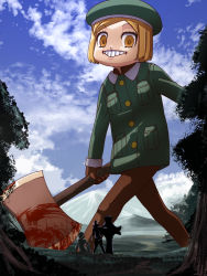 Rule 34 | 1boy, 2girls, axe, blonde hair, blood, bloody weapon, blue sky, brown gloves, brown pants, cloud, cloudy sky, crazy eyes, crazy smile, day, fate/grand order, fate (series), fujimaru ritsuka (male), giant, giantess, gloves, grass, green jacket, holding, holding weapon, ishii hisao, jacket, looking at another, mash kyrielight, multiple girls, outdoors, pants, pantyhose, parted lips, paul bunyan (fate), shingeki no kyojin, sitting, sky, smile, standing, teeth, tree, valley, weapon, wide-eyed, yellow eyes