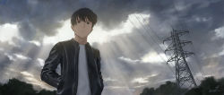 Rule 34 | 1boy, black hair, black jacket, brown eyes, closed mouth, cloud, cloudy sky, commentary, hands in pockets, highres, jacket, leather, leather jacket, light rays, long sleeves, looking afar, male focus, original, papi (papiron100), shirt, short hair, sky, solo, transmission tower, upper body, white shirt