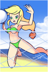 Rule 34 | 1girl, applejack, ball, barefoot, beach, beach volleyball, bikini, blonde hair, blush, breasts, cleavage, cloud, collarbone, drantyno, female focus, green bikini, green eyes, hasbro, jumping, large breasts, long hair, my little pony, my little pony: equestria girls, my little pony: friendship is magic, navel, ocean, open mouth, playing sports, sand, sky, smile, swimsuit, teeth, volleyball, volleyball (object), volleyball net, water
