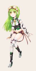 Rule 34 | 1girl, boots, borrowed character, detached sleeves, full body, goggles, goggles on head, green hair, long hair, midriff, navel, omocha-san, original, pointy ears, rynn (acerailgun), short shorts, shorts, shoulder pads, simple background, thigh boots, thighhighs, yellow eyes