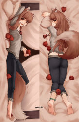 Rule 34 | 1girl, :d, animal ear fluff, animal ears, apple, ass, barefoot, bed sheet, breasts, brown hair, commentary, dakimakura (medium), english commentary, food, from behind, from side, fruit, half-closed eyes, highres, holding, holding food, holding fruit, holo, jewelry, long hair, long sleeves, looking at viewer, lying, multiple views, necklace, on back, on stomach, open mouth, pants, pillow, red eyes, seraziel, shirt, small breasts, smile, spice and wolf, tail, toes, wolf ears, wolf girl, wolf tail