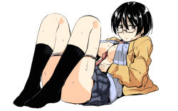 Rule 34 | 1girl, between breasts, black hair, black skirt, blouse, breasts, closed mouth, ears visible through hair, glasses, grey shirt, hand on own stomach, humiyou, long sleeves, looking at viewer, looking over eyewear, necktie, necktie between breasts, no bra, no shoes, open clothes, open shirt, original, panties, pleated, pleated skirt, red necktie, shirt, short hair, simple background, skirt, socks, solo, sweat, underwear, white background