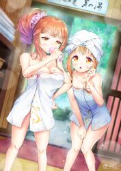 Rule 34 | 1boy, 1girl, bath, bathing, blush, breasts, brother and sister, covering privates, drinking, highres, kodomo no hi, large breasts, looking at viewer, mixed-sex bathing, multiple girls, naked towel, natsusora aona, natsusora wakana, novady, original, pale skin, ponytail, shared bathing, shiny skin, shoulderblades, siblings, standing, steam, steaming body, towel, trap, twins, wading, water, wet, white towel