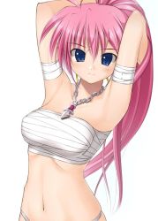 Rule 34 | 00s, 1girl, adjusting hair, armpits, arms behind head, arms up, bandages, bekkankou, blue eyes, blush, breasts, chain, jewelry, light smile, long hair, looking at viewer, lyrical nanoha, mahou shoujo lyrical nanoha, mahou shoujo lyrical nanoha a&#039;s, mahou shoujo lyrical nanoha strikers, mikuni mizuki, navel, necklace, panties, pendant, pink hair, ponytail, sarashi, signum, simple background, solo, stomach, tsurime, underwear, underwear only, upper body, white background, white panties