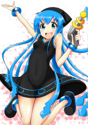 Rule 34 | &gt;:d, 1girl, :d, alternate color, ankle boots, bare shoulders, black dress, blue eyes, blue hair, boots, breasts, covered navel, dark persona, dress, energy gun, finger on trigger, hat, hip focus, ikamusume, jumping, kawa, long hair, looking at viewer, matching hair/eyes, open mouth, ray gun, shinryaku! ikamusume, simple background, small breasts, smile, solo, squid hat, sundress, tentacle hair, textless version, thighs, v-shaped eyebrows, very long hair, weapon, wide hips