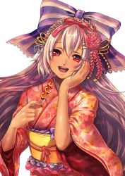 Rule 34 | 1girl, :d, bad id, bad pixiv id, blush, bow, breasts, clutch2130, comb, dark skin, dark-skinned female, floral print, hair bow, hair ribbon, hand up, highres, holding, japanese clothes, kimono, long hair, looking at viewer, mireille lerner, open mouth, pink kimono, pink ribbon, purple bow, red eyes, ribbon, shironeko project, smile, solo, very long hair, white background, wide sleeves