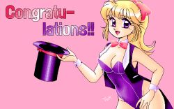 Rule 34 | 1990s (style), 1girl, air duel, blonde hair, blush, bowtie, breasts, cleavage, collarbone, congratulations, detached collar, game cg, hair ribbon, hat, holding, holding clothes, holding hat, leotard, long hair, looking at viewer, magician, medium breasts, open clothes, open mouth, open vest, pc98, pink background, pink bow, pink bowtie, pink ribbon, ponytail, purple eyes, purple headwear, purple leotard, purple vest, retro artstyle, ribbon, smile, standing, top hat, unworn hat, unworn headwear, vest, wrist cuffs