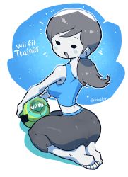 Rule 34 | 1girl, absurdres, ass, ball, barefoot, black eyes, black hair, breasts, crop top, feet, grey pants, highres, jaggy lines, kneeling, looking at viewer, looking back, nintendo, open mouth, pants, rariatto (ganguri), sideboob, soccer ball, soles, solid oval eyes, thighs, toes, triangle mouth, wii fit, wii fit trainer, wii fit trainer (female), yoga pants