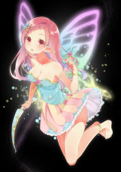 Rule 34 | 1girl, anklet, arrow (projectile), bare shoulders, barefoot, bow (weapon), breasts, butterfly wings, cleavage, dress, full body, highres, insect wings, jewelry, long hair, medium breasts, multicolored wings, original, pink hair, pointy ears, red eyes, simple background, solo, tika (mika4975), weapon, wings