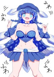 Rule 34 | 1girl, bare shoulders, blue eyes, blue hair, blush, braid, breasts, cleavage, coelacanth (kemono friends), dark blue hair, fins, fish girl, groin tendon, head fins, highres, kemono friends, kemono friends 3, large breasts, long hair, looking at viewer, mamiyama, midriff, multicolored hair, navel, no panties, open mouth, skirt, smile, solo, stomach, tail, twin braids