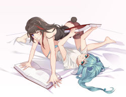 Rule 34 | 2girls, absurdres, animal ears, arknights, bear ears, bear tail, bed sheet, black shirt, black tank top, blue eyes, blue hair, blue panties, book, brown hair, chinese commentary, grin, highres, holding, holding book, hongbaise raw, istina (arknights), long hair, looking at viewer, monocle, multicolored hair, multiple girls, one eye closed, open mouth, panties, ponytail, reading, red hair, red shorts, shirt, shorts, smile, streaked hair, tail, tank top, underwear, white shirt, zima (arknights)