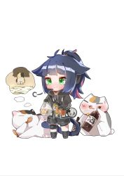Rule 34 | 1girl, absurdres, alcohol, animal ears, arknights, bag, banknote, black footwear, black gloves, black jacket, black shorts, blue hair, bottle, cat, cat ears, cat girl, cat tail, chibi, full body, gloves, green eyes, headset, highres, holding, holding bag, holding money, jacket, jessica (arknights), knee pads, kuilaogouhuabudongle, long sleeves, money, multicolored hair, pink hair, ponytail, shoes, shopping bag, shorts, simple background, smile, solo, standing, streaked hair, tail, white background