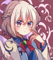Rule 34 | 1girl, :/, angel wings, beige jacket, blush, bow, bowtie, braid, breasts, collared dress, commentary, dress, feathered wings, finger to mouth, french braid, gem, green gemstone, highres, kishin sagume, long sleeves, looking to the side, magenta background, medium breasts, meimei (meimei89008309), orange eyes, pink background, purple dress, red bow, red bowtie, short hair, simple background, single wing, solo, standing, touhou, upper body, white hair, wing collar, wings