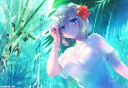 Rule 34 | 1girl, blue eyes, blue hair, breasts, carnelian, flower, hair ornament, hamakaze (kancolle), kantai collection, large breasts, looking at viewer, md5 mismatch, rain, see-through, shirt, silver hair, solo, swimsuit, water, wet, wet clothes, wet hair, wet shirt, white shirt
