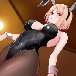 Rule 34 | 1girl, animal ears, bare arms, bare shoulders, black hairband, black leotard, black pantyhose, blonde hair, breasts, commentary request, covered navel, fake animal ears, from below, hairband, huyumitsu, indoors, large breasts, leotard, looking at viewer, original, pantyhose, parted lips, playboy bunny, purple eyes, rabbit ears, solo, wrist cuffs
