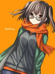 Rule 34 | 1girl, 8931ponzu, brown eyes, brown hair, casual, character name, commentary, dutch angle, fringe trim, green jacket, jacket, kantai collection, long sleeves, looking at viewer, looking over eyewear, medium hair, official alternate costume, orange background, orange scarf, scarf, sendai (kancolle), simple background, solo, star (symbol), sunglasses, sweater, two side up