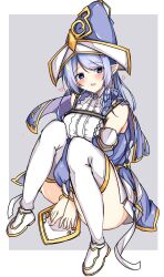Rule 34 | 1girl, between legs, blue eyes, blue hair, blush, braid, duel monster, full body, hand between legs, hat, highres, long hair, open mouth, pointy ears, raion (inoueraion), single braid, sitting, solo, thighhighs, water enchantress of the temple, wizard hat, yu-gi-oh!